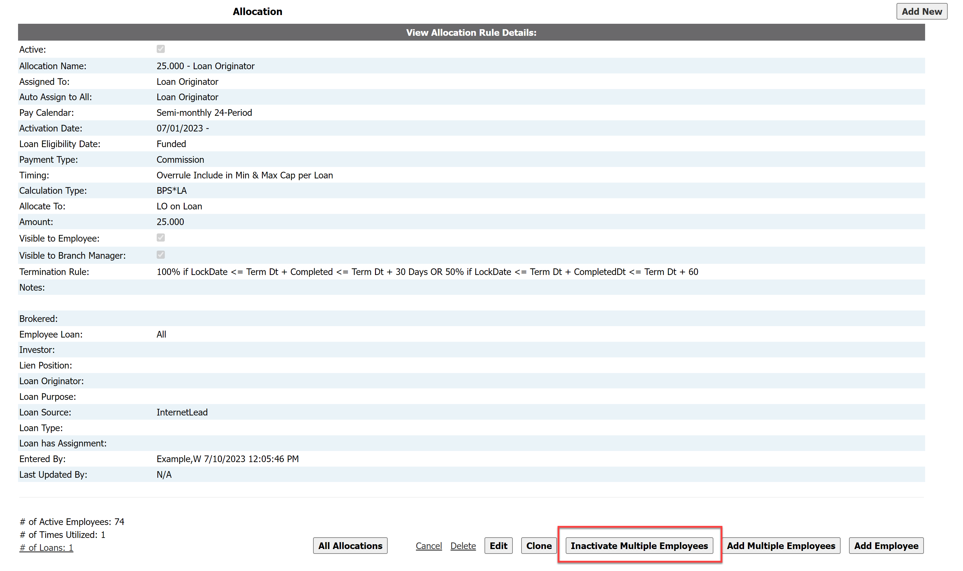 Example Allocation. The Inactivate Multiple Employees button is highlighted.