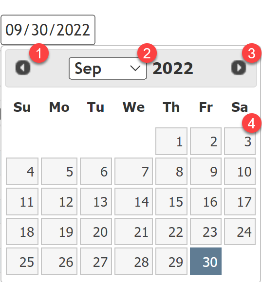 Calendar tool numbered as follows: 1. Left arrow next to month dropdown, 2. Month selector dropdown, 3. Right arror next to month dropdown, 4. Calendar grid for the selected month