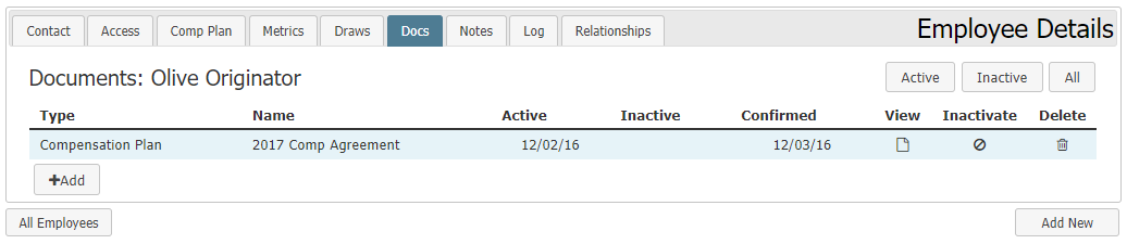 Employee Details - Docs tab. Description of the contents is below.