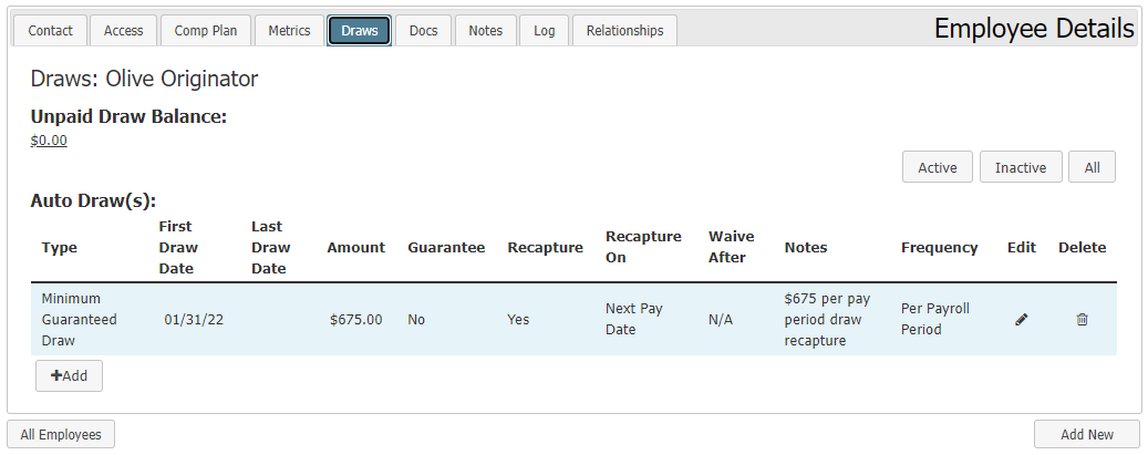 Employee Details - Draws tab. Description of the contents is below.