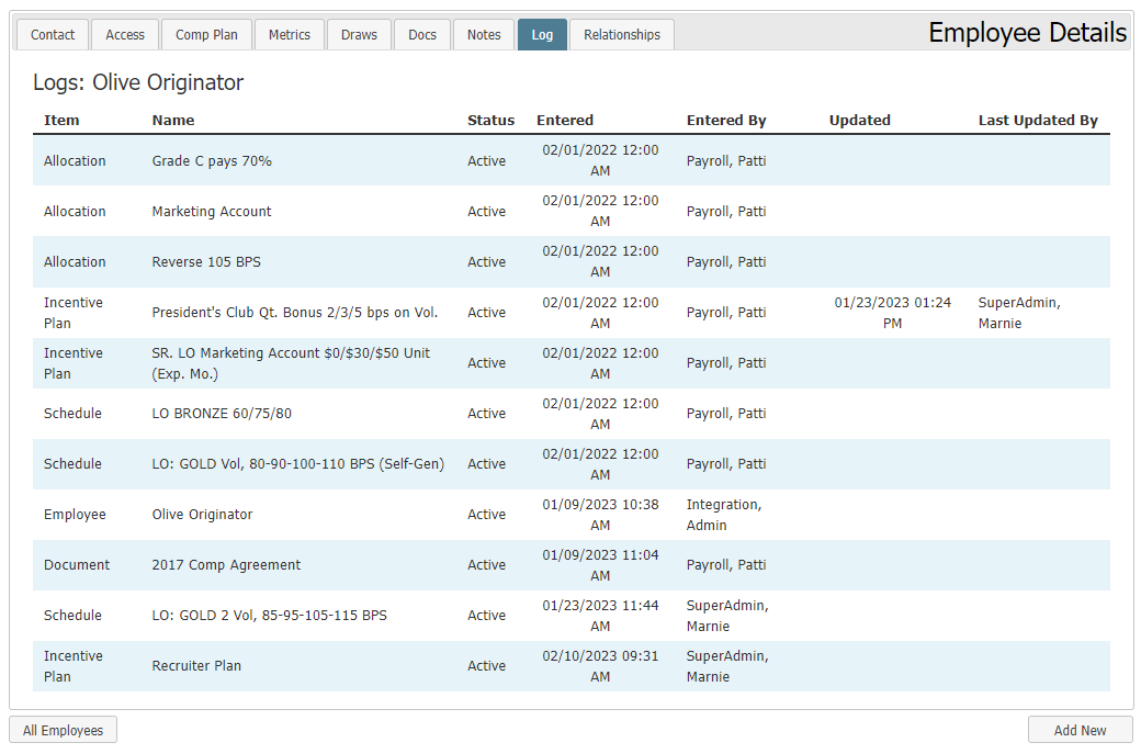 Employee Detail - Log tab. Description of the contents is below.