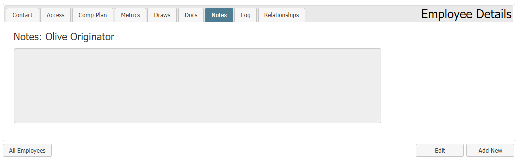 Employee Details - Notes tab. Description of the contents is below.