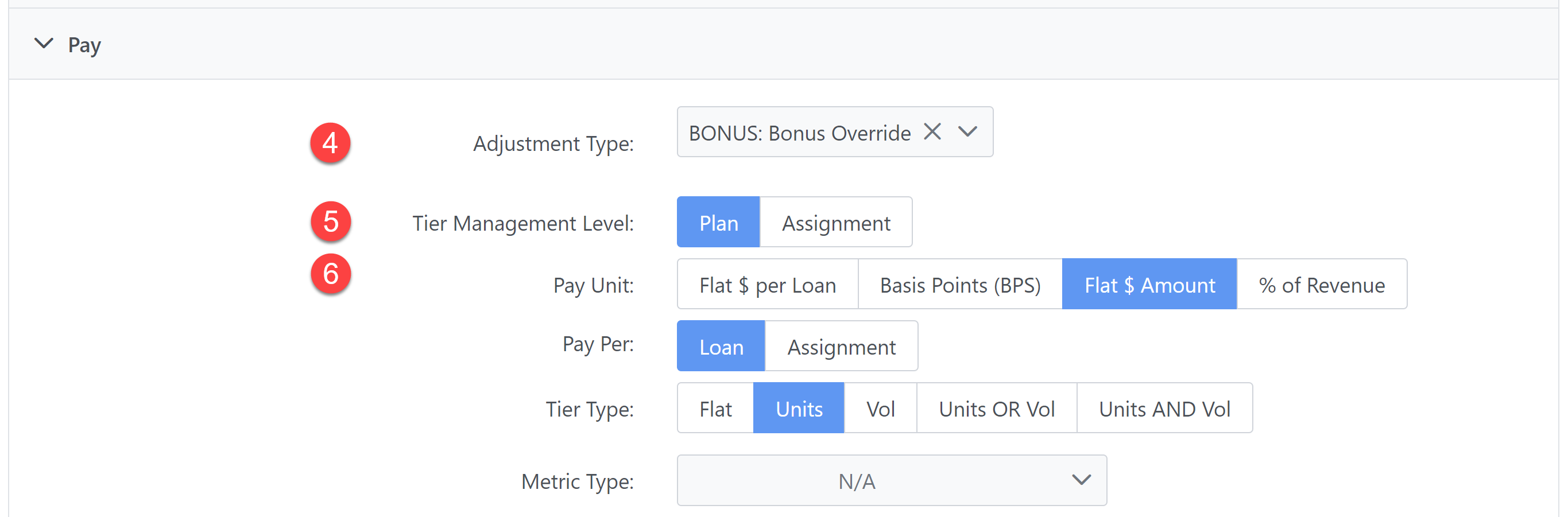 Part of the Pay section of the Incentive Plan Builder, with fields set as follows: Adjustment Type: "BONUS: Bonus Override", Tier Managemend Level: "Assignment", Pay Unit: "Flat $ Amount", Pay Per: "Loan", Tier Type: "Units", Metric Type: "N/A".