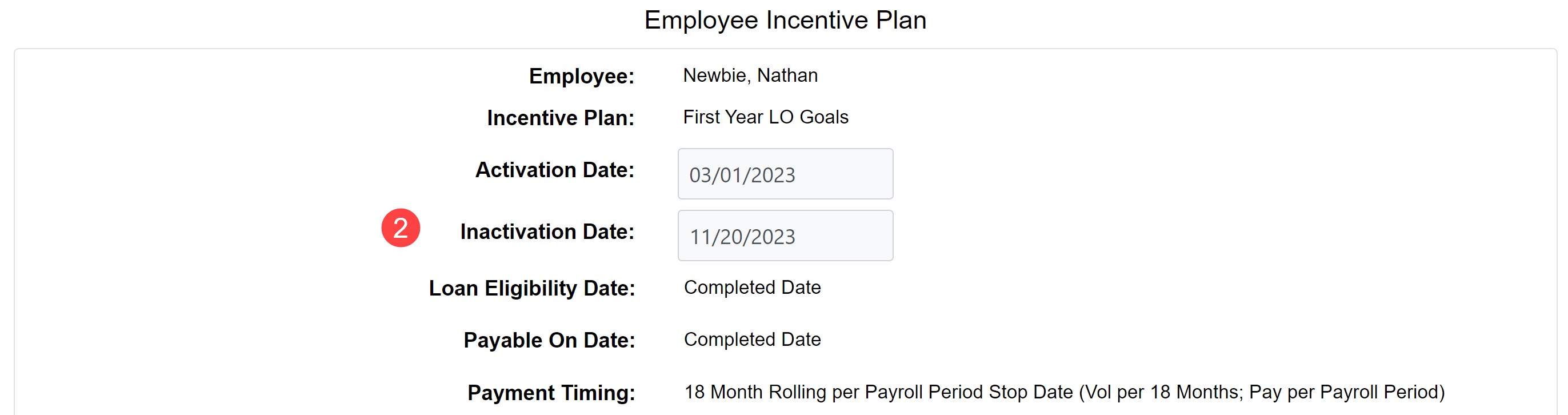 Section of the "Edit Assignment" screen. The Inactivation Date field is highlighted and filled with "11/20/2023".