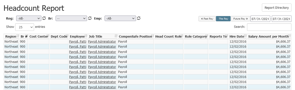 Headcount Report with example data