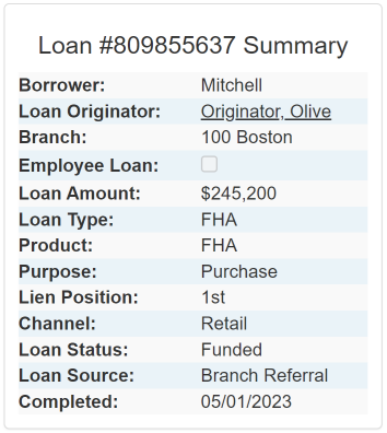 Example loan summary pane from the Loan Record Details page. Sections are described below.