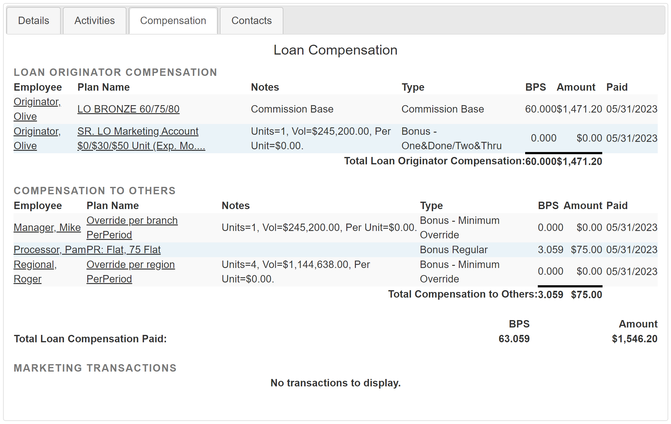 Example loan compensation tab from the Loan Record Details page. Sections are described below.