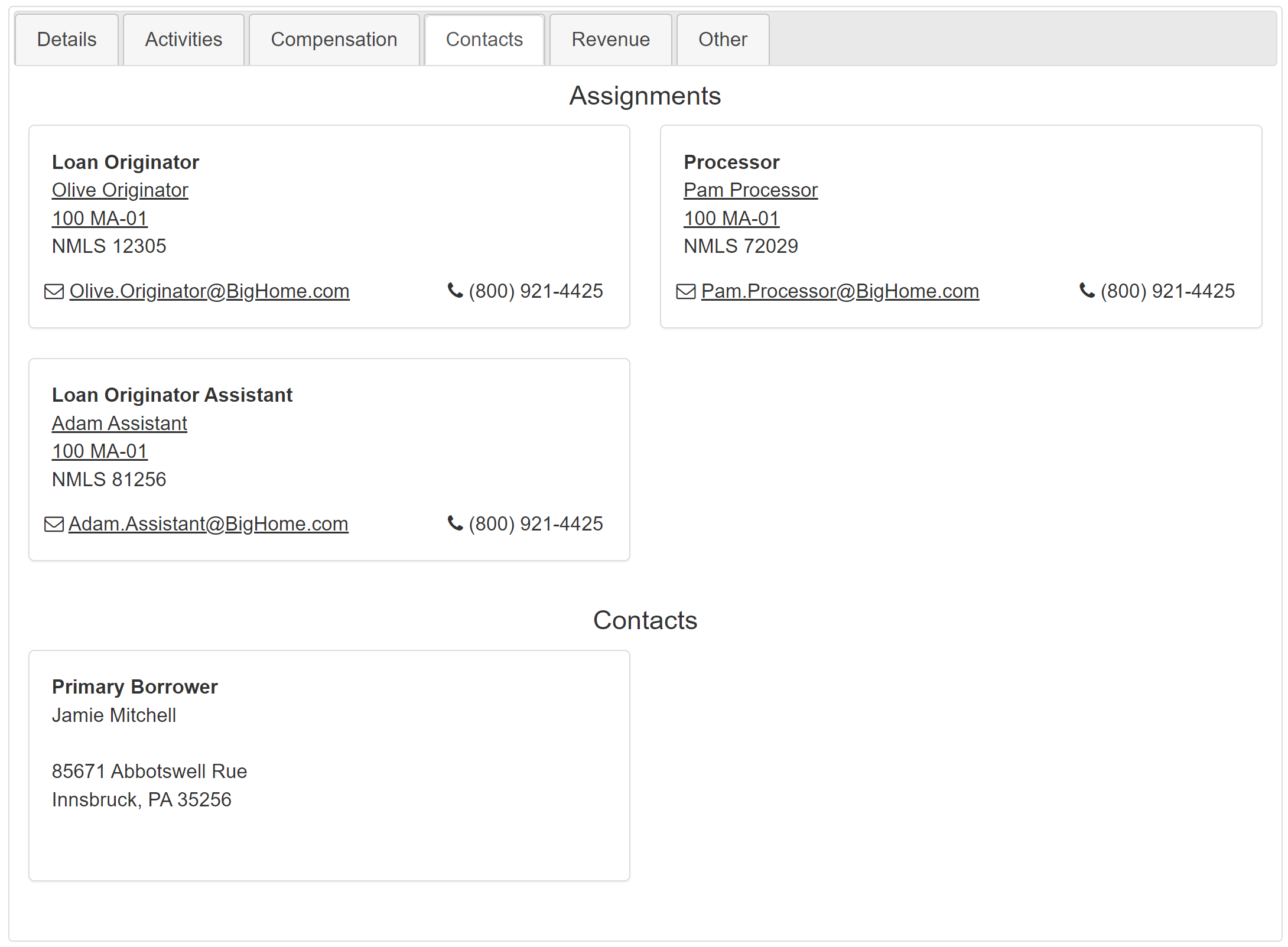 Example loan contacts tab from the Loan Record Details page. Sections are described below.