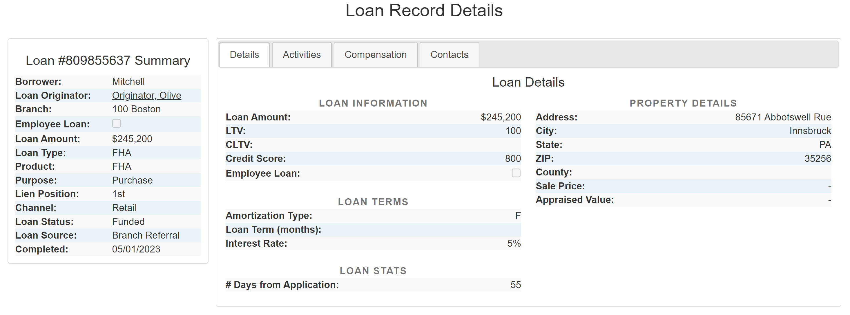 Loan record details page for an example loan.