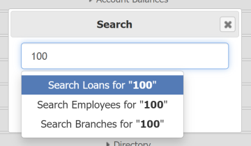 search pop-up. The number "100" is entered and the "Search Loans" option is highlighted.
