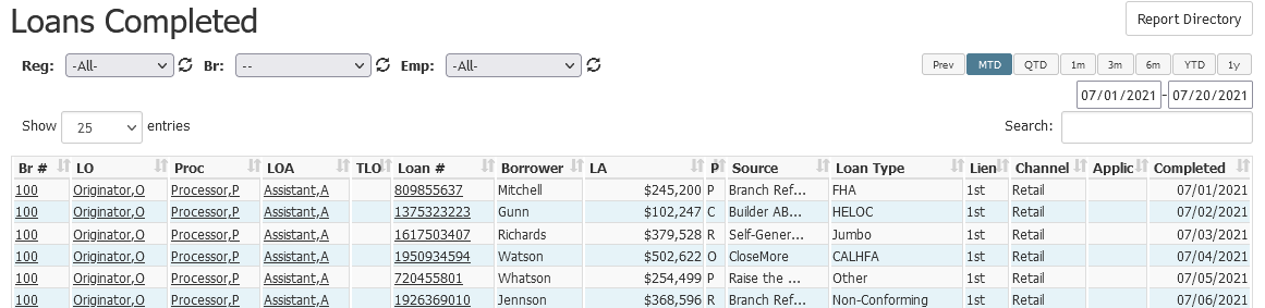 Loans Completed report with example data. Description of columns is below.
