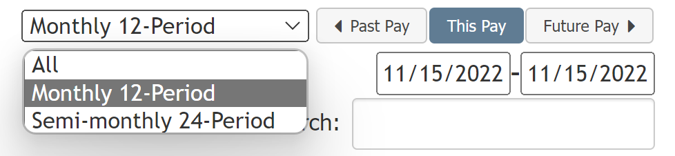 Dropdown menu next to payroll period selector showing multiple payroll calendars.