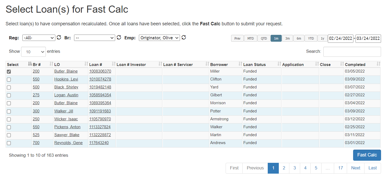 Select Loan(s) for Fast Calc tool with example loans. One loan is selected.
