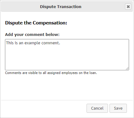 Dispute transaction window showing an example comment.