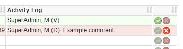 Close up of verify pay buttons. The first entry shows a verified item, the second shows a disputed item.