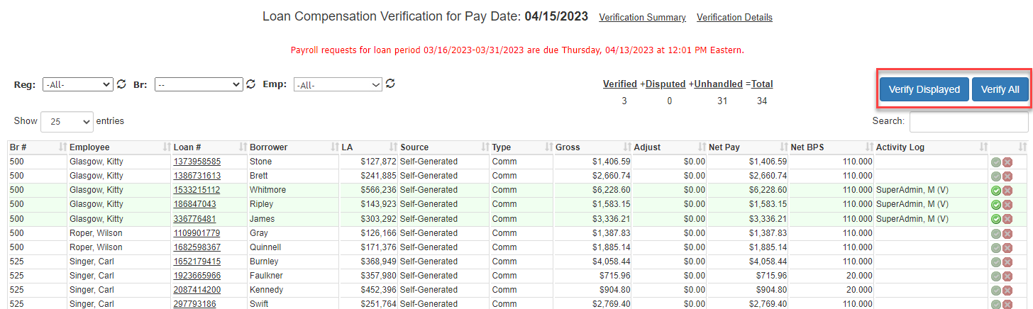 Verify Pay report with the "Verify Displayed" and "Verify All" buttons highlighted.