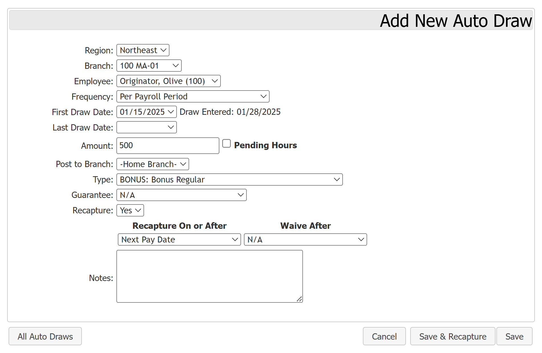 Add New Auto Draw screen with an example Auto Draw being entered.