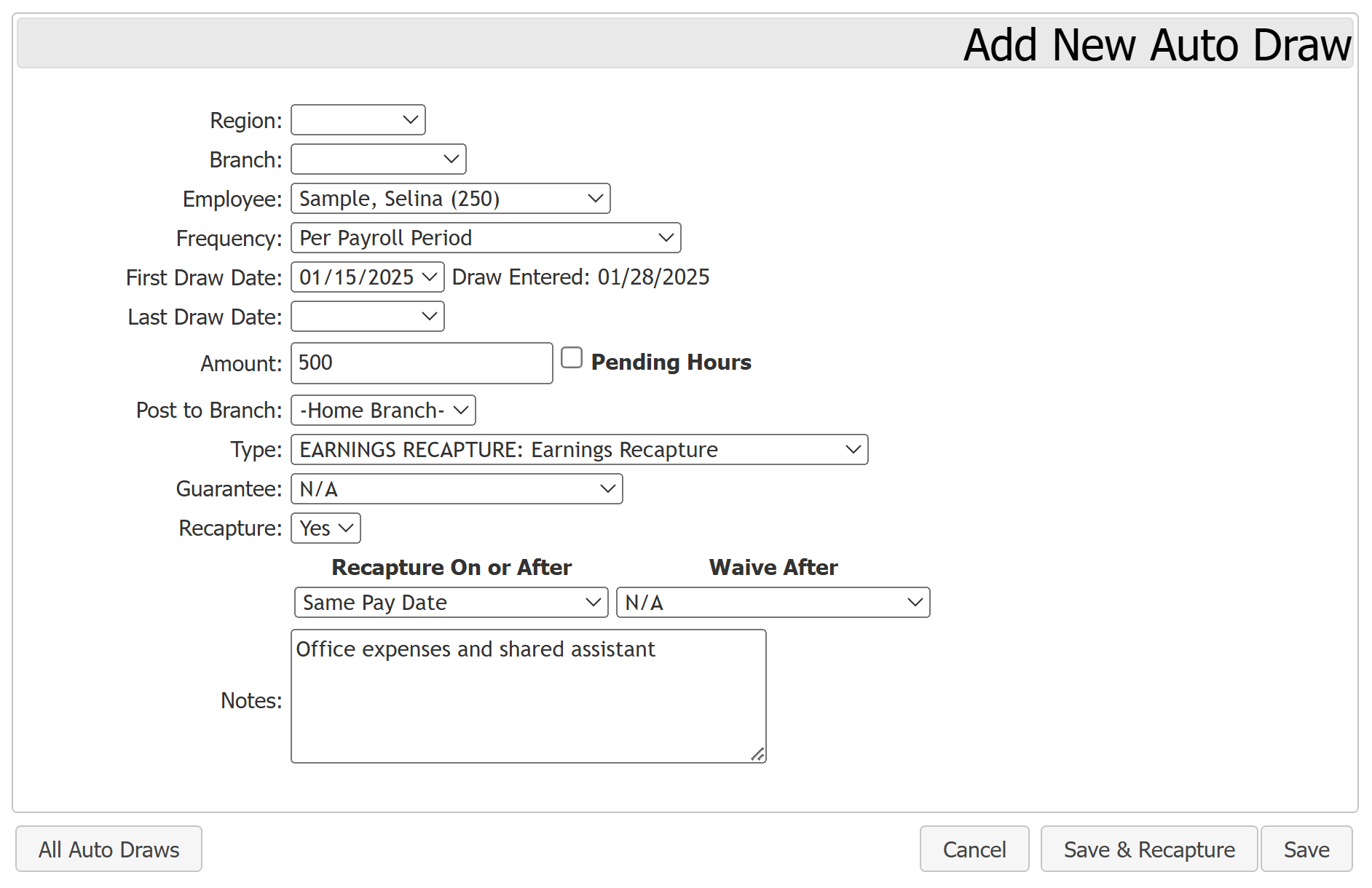 Auto Draw Example 1: Recapturable draw for $500.