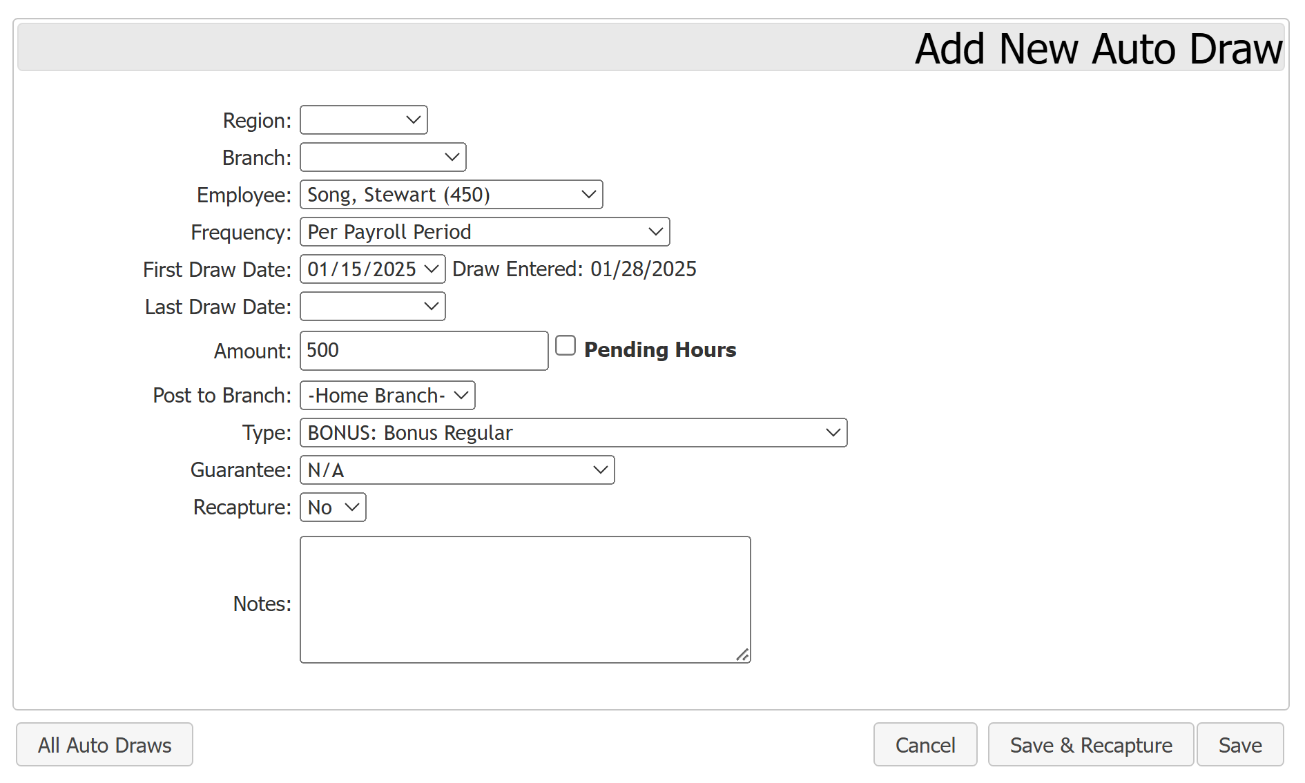 Auto Draw Example 2: Non-recapturable draw for $500.