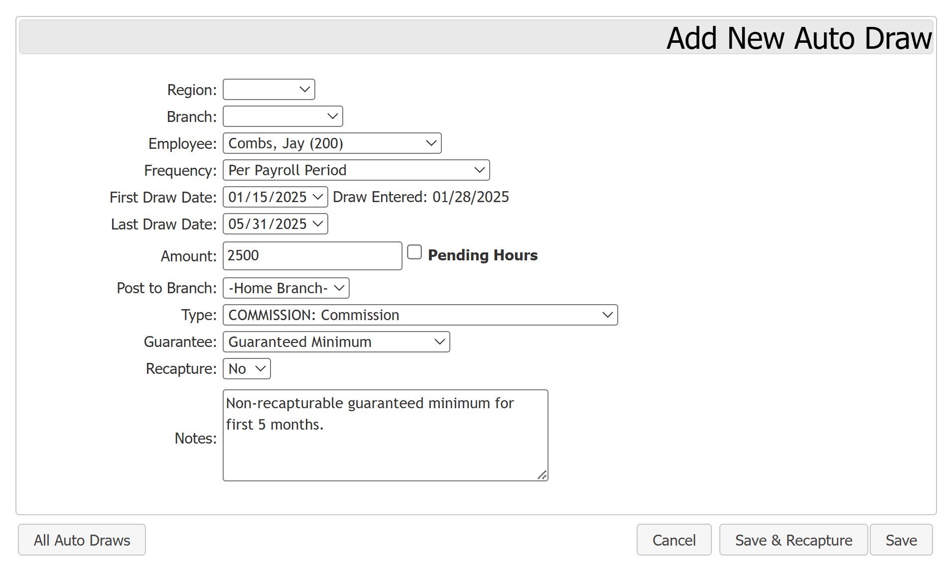 Auto Draw Example 4: Non-recapturable gauranteed minimum for $2,500.