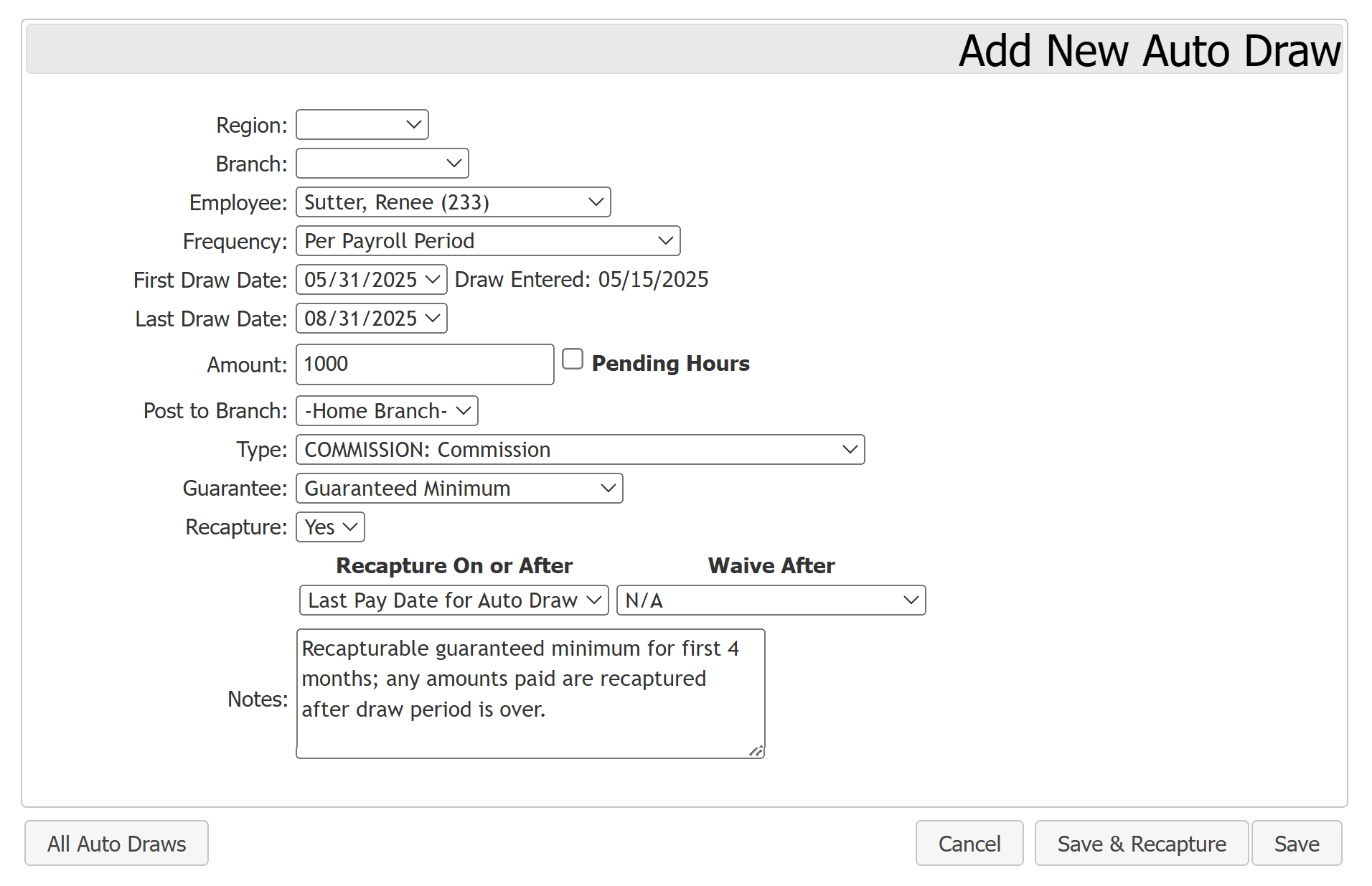 Auto Draw Example 3: Recapturable guaranteed minimum of $1,000.