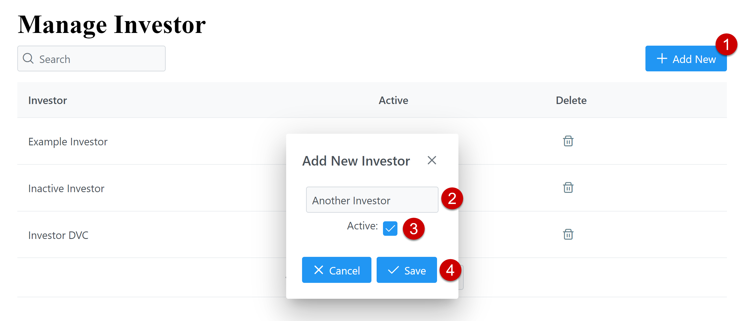 Manage Investor showing the numbered steps for adding a new investor.