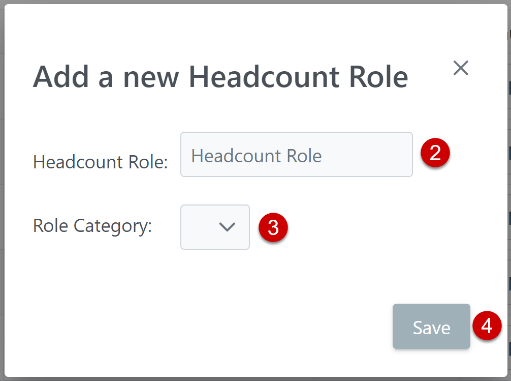 "Add New Headcount Role" window numbered as follows: 2. Headcount Role, 3. Role Category, 4. Save