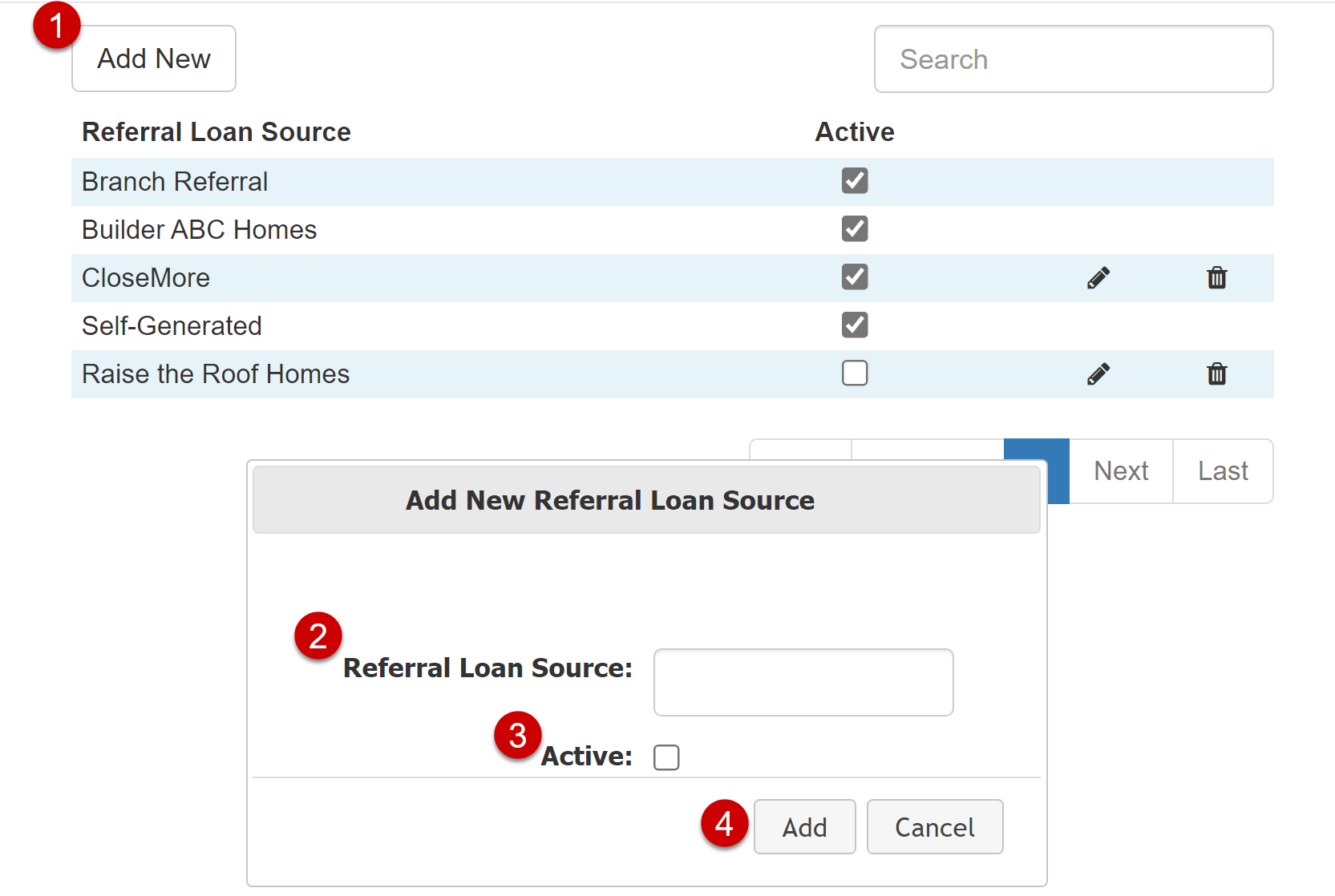 Add New Referral Loan Source numbered steps.