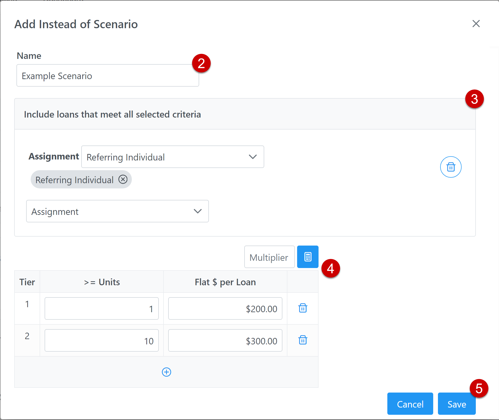 Additional Scenario edit screen with example scenario. Numbered based on the steps to build an Additional Scenario.