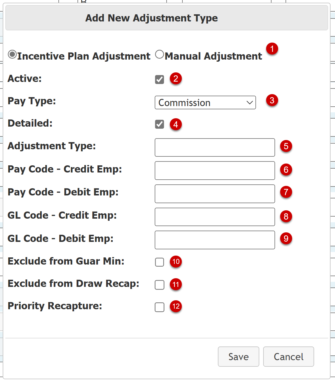 Add New Adjustment Type dialog box. Items in the dialog box are described below.