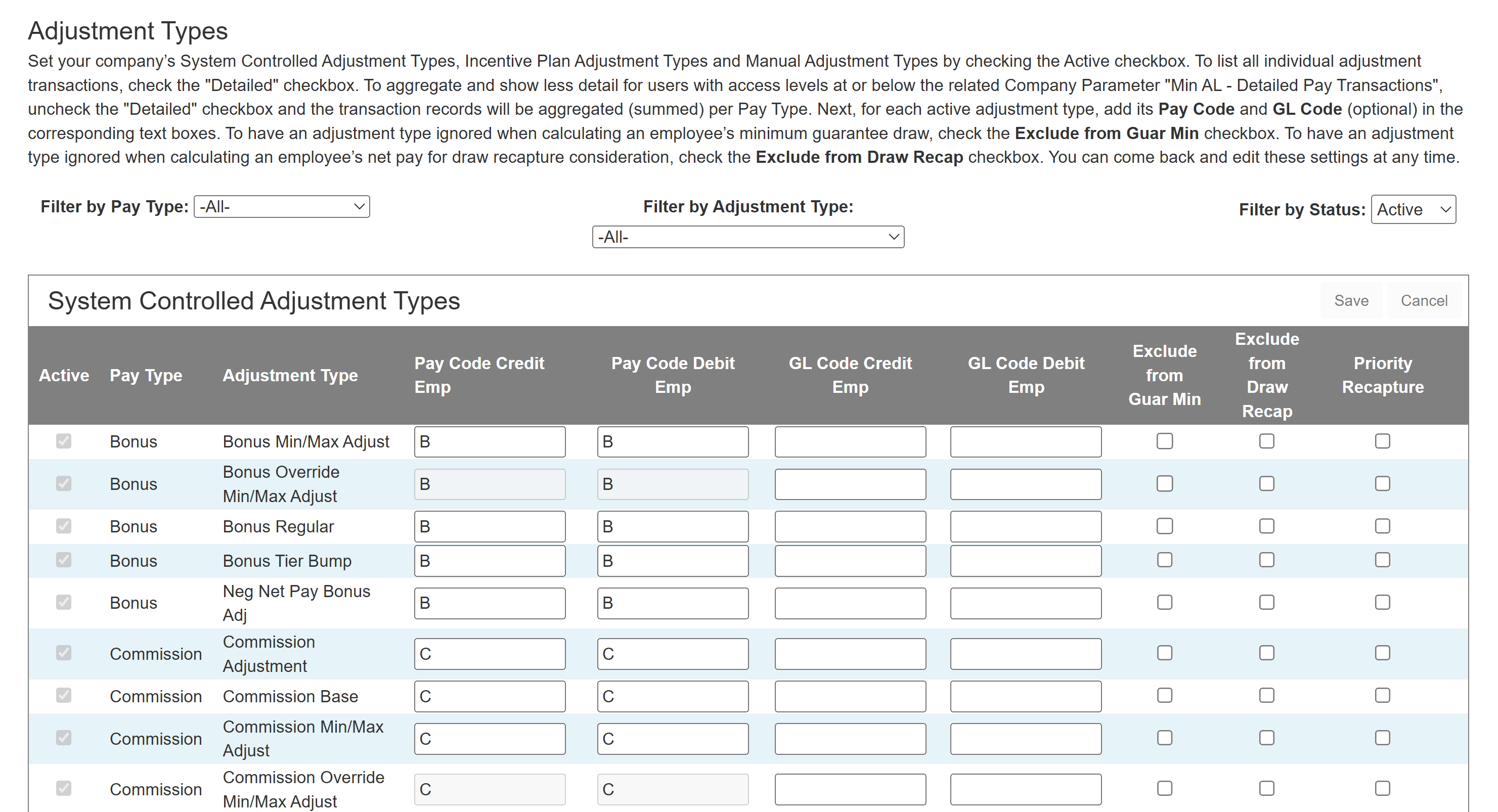 Top section of the Adjustment Types tool with example data. The tables and their columns are described below.