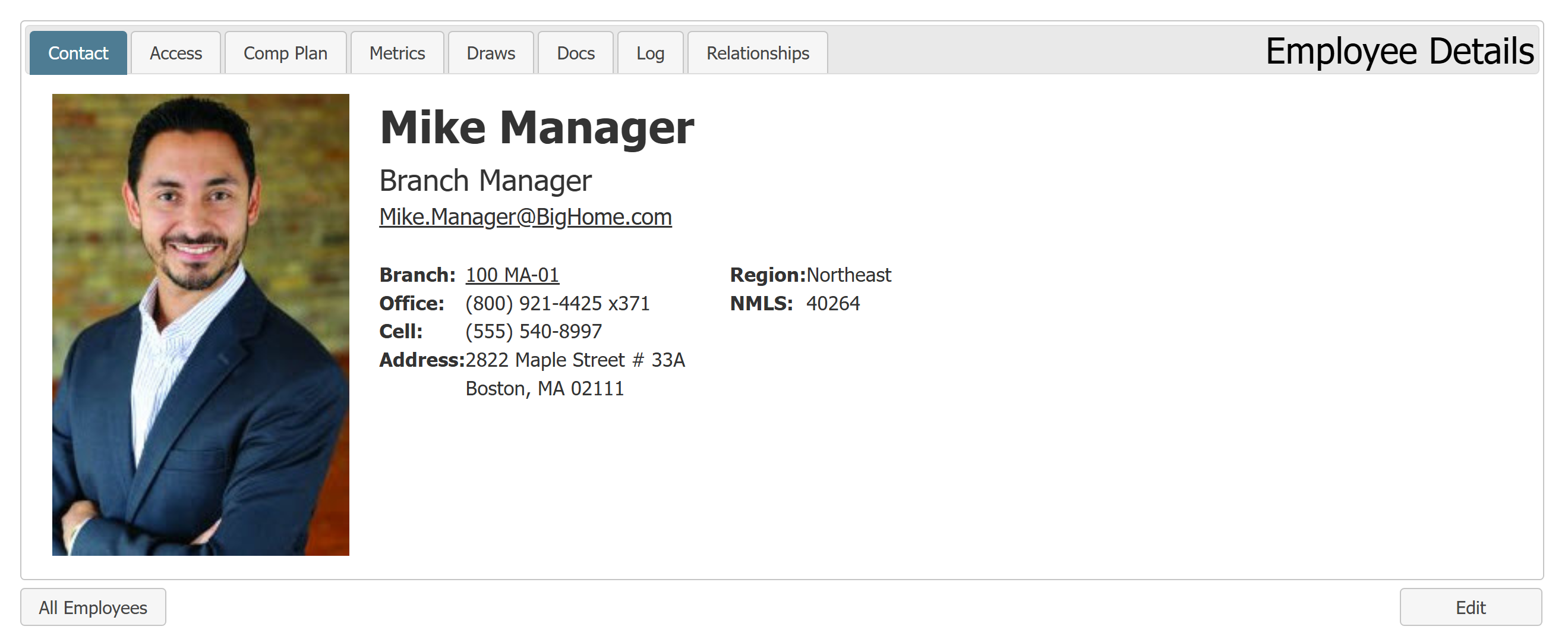 Example Employee Details for a branch manager