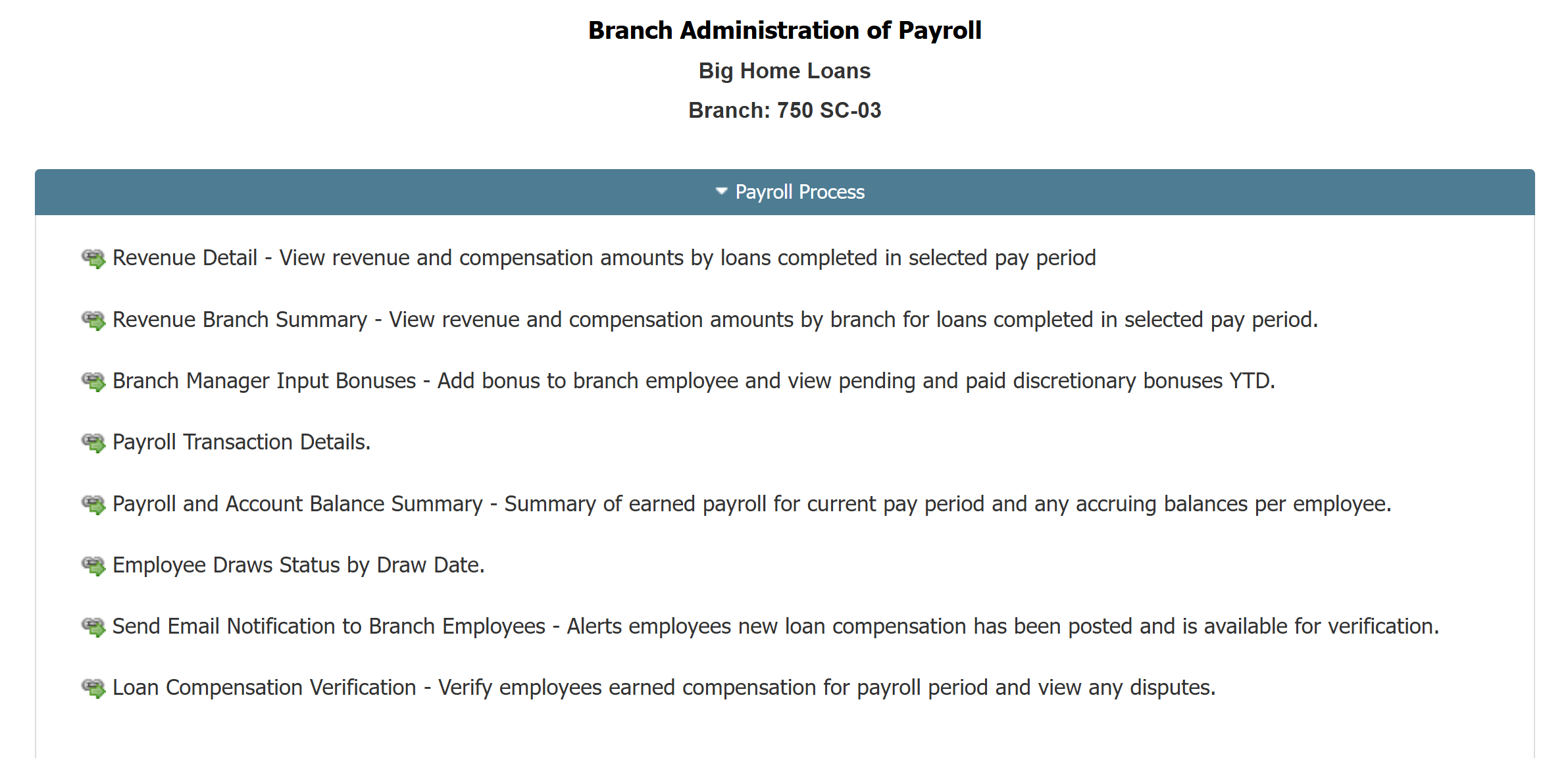 Example Branch Administration of Payroll menu
