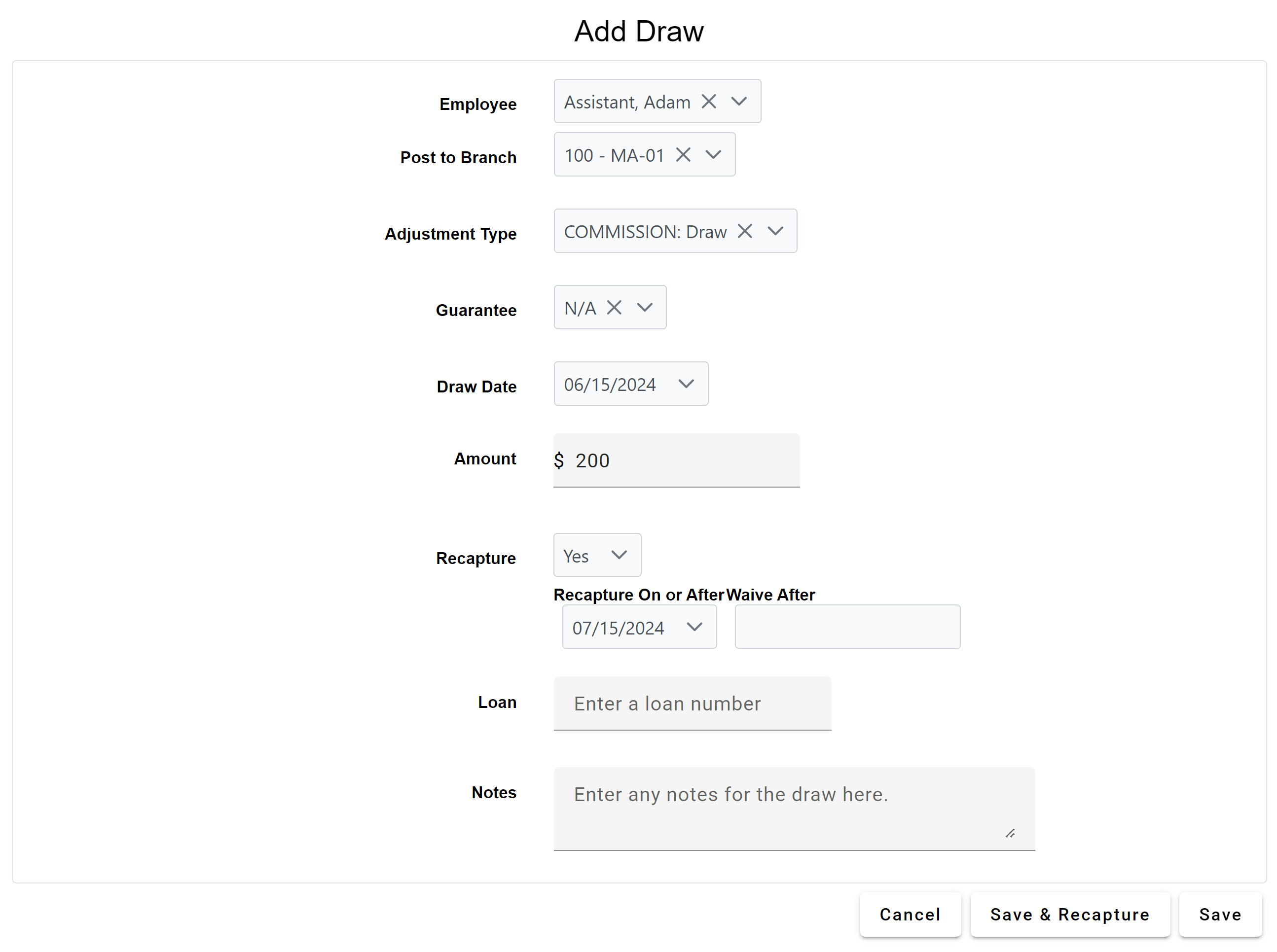 Example draw being entered in the Add Draw tool.