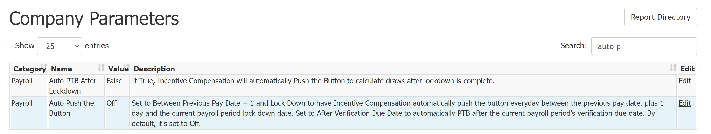 Company Parameters page showing the "Auto PTB After Lockdown" and "Auto Push the Button" items.