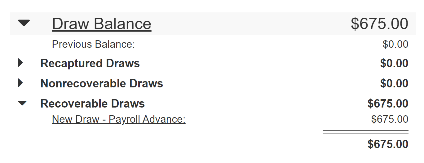 Draw balance section of the Compensation Snapshot screen with example data.