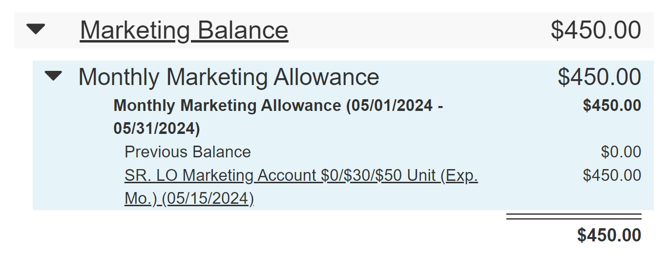 Marketing Balance section of the Compensation Snapshot with example data.