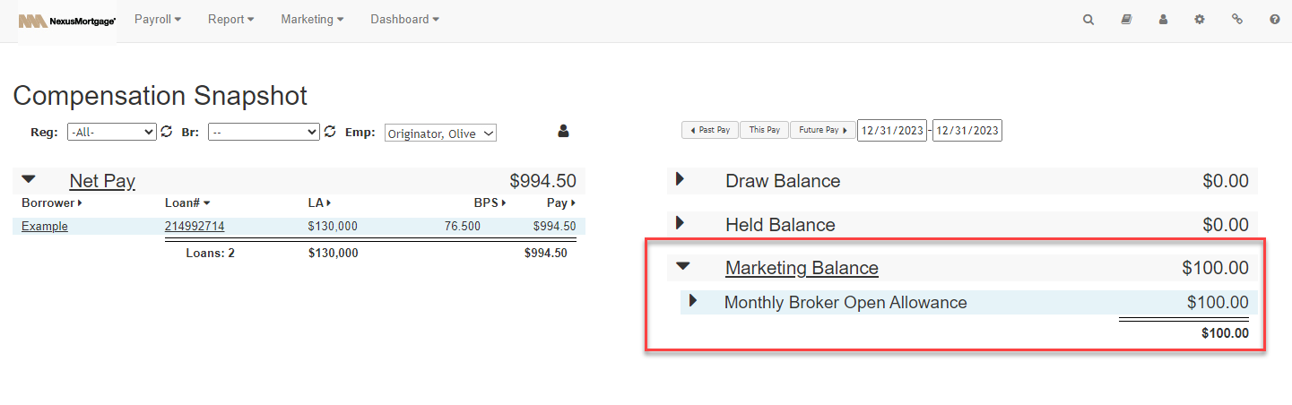 Compensation snapshot with the Marketing Balance section highlighted
