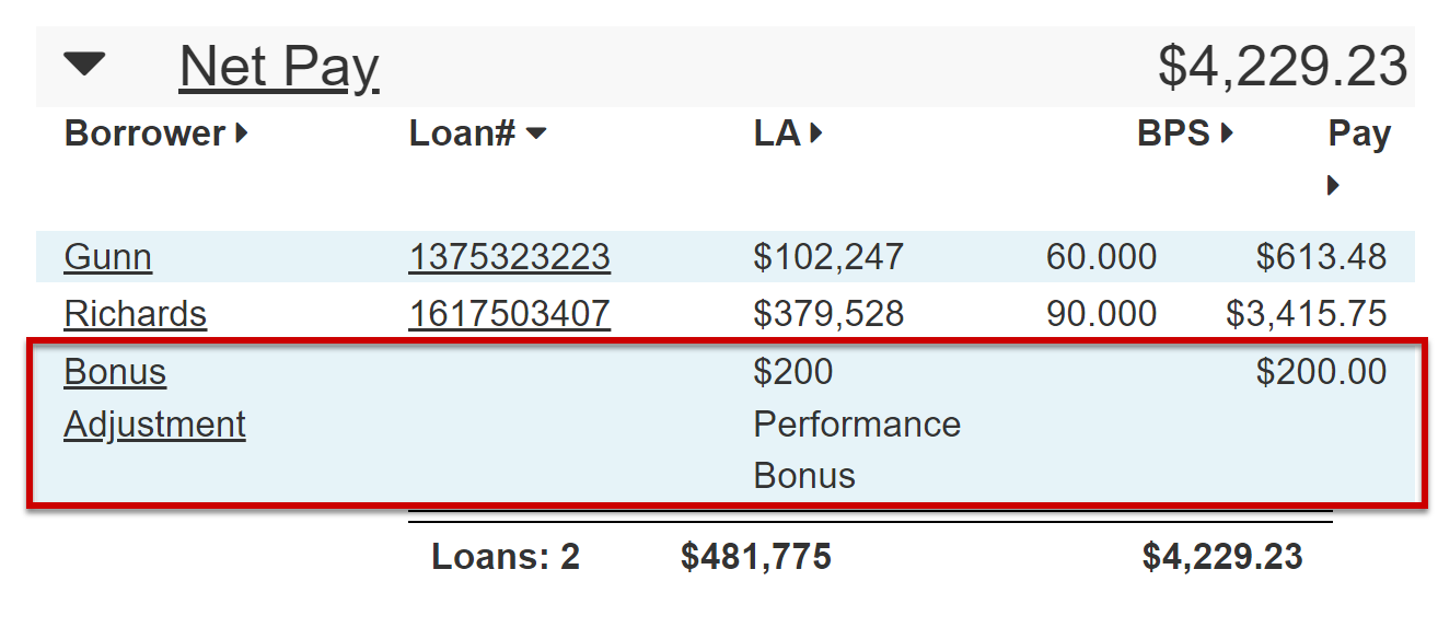 Net Pay section of the Compensation Snapshot showing example pay with a non-loan transaction highlighted.