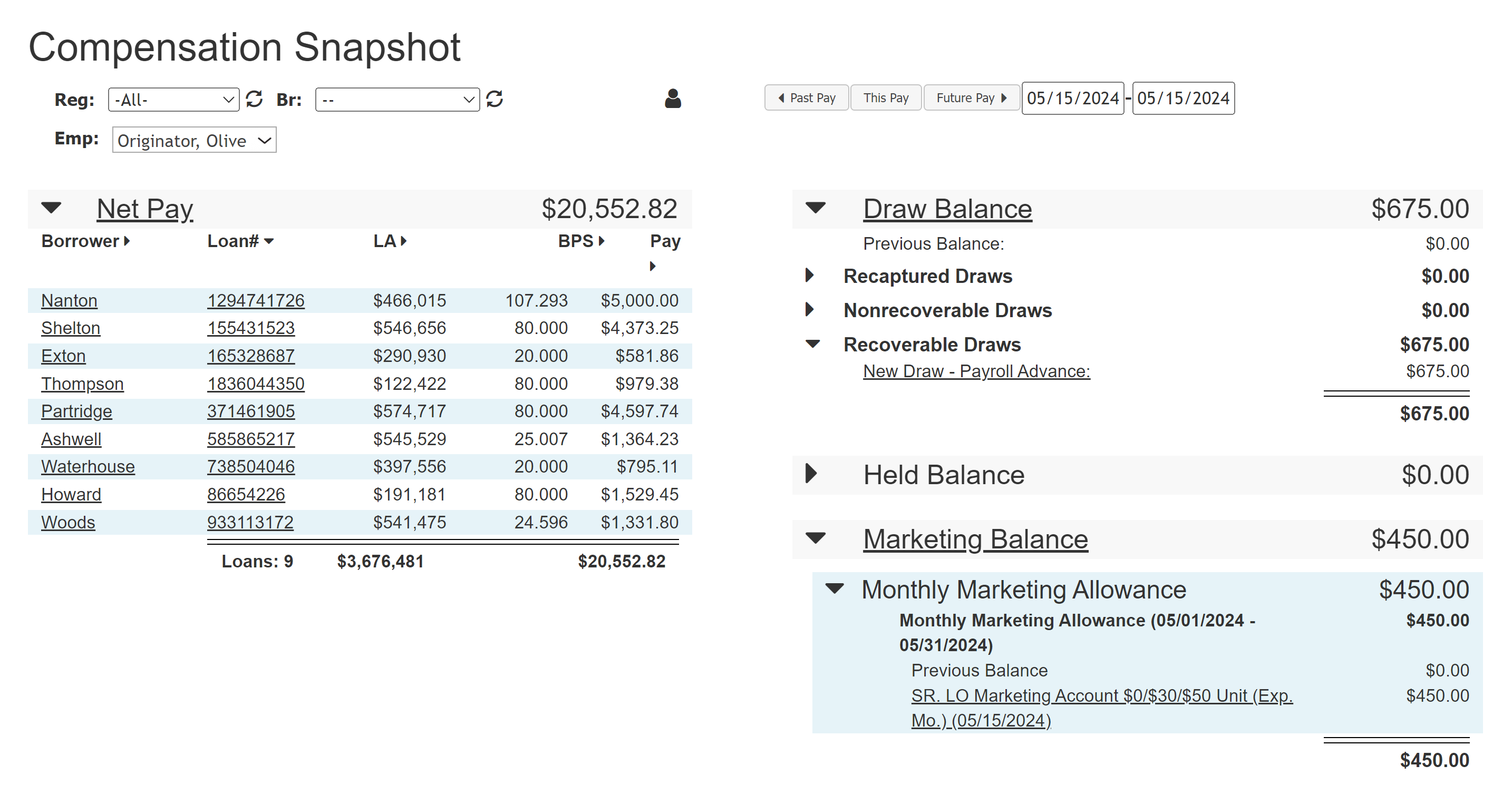 Compensation Snapshot overview showing example information. Includes expanded sections for the Draw Balance and Marketing Balance. Detailed descriptions below.