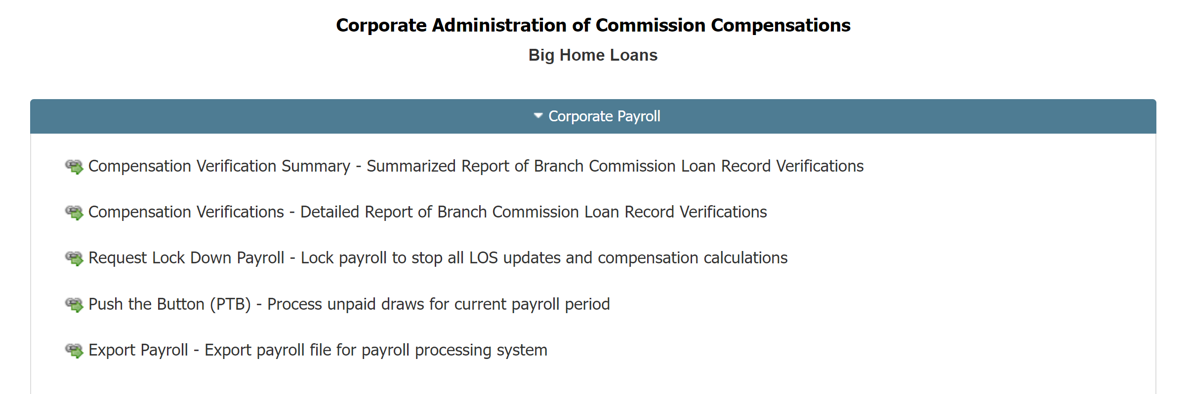 Corporate Payroll Section of the Corporate Payroll menu