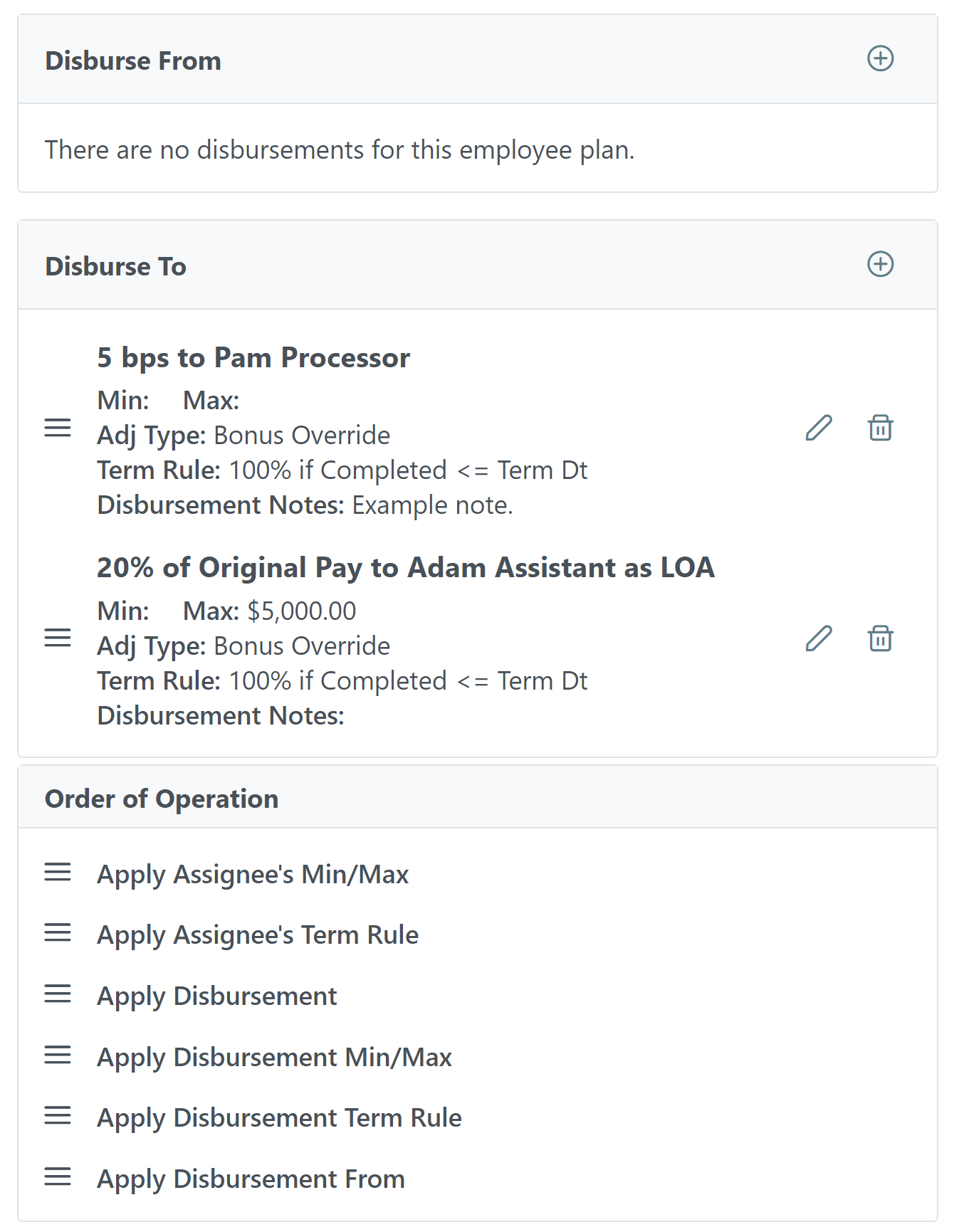 Disbursement section showing two "Disburse To" items: one with 5 BPS to Pam Processor as LOA and one with 20% of Original Pay to Adam Assistant as LOA.