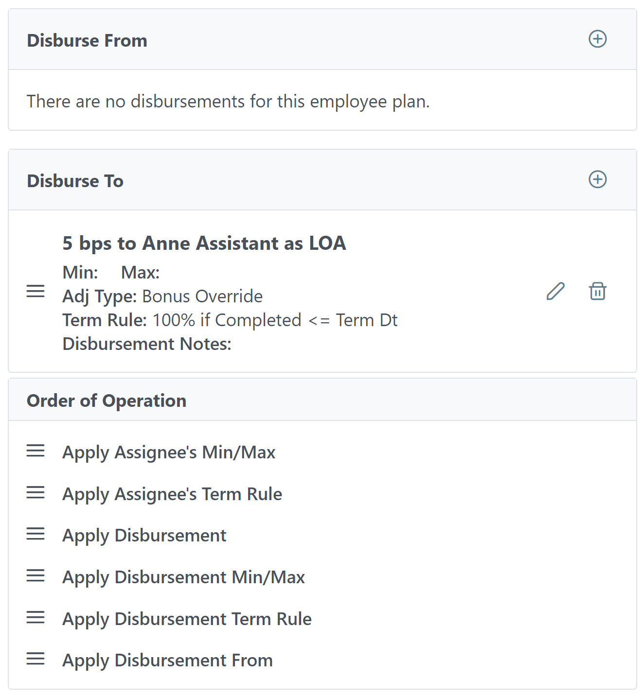 Disbursement section showing a "Disburse To" for 5 BPS to Anne Assistant as LOA.