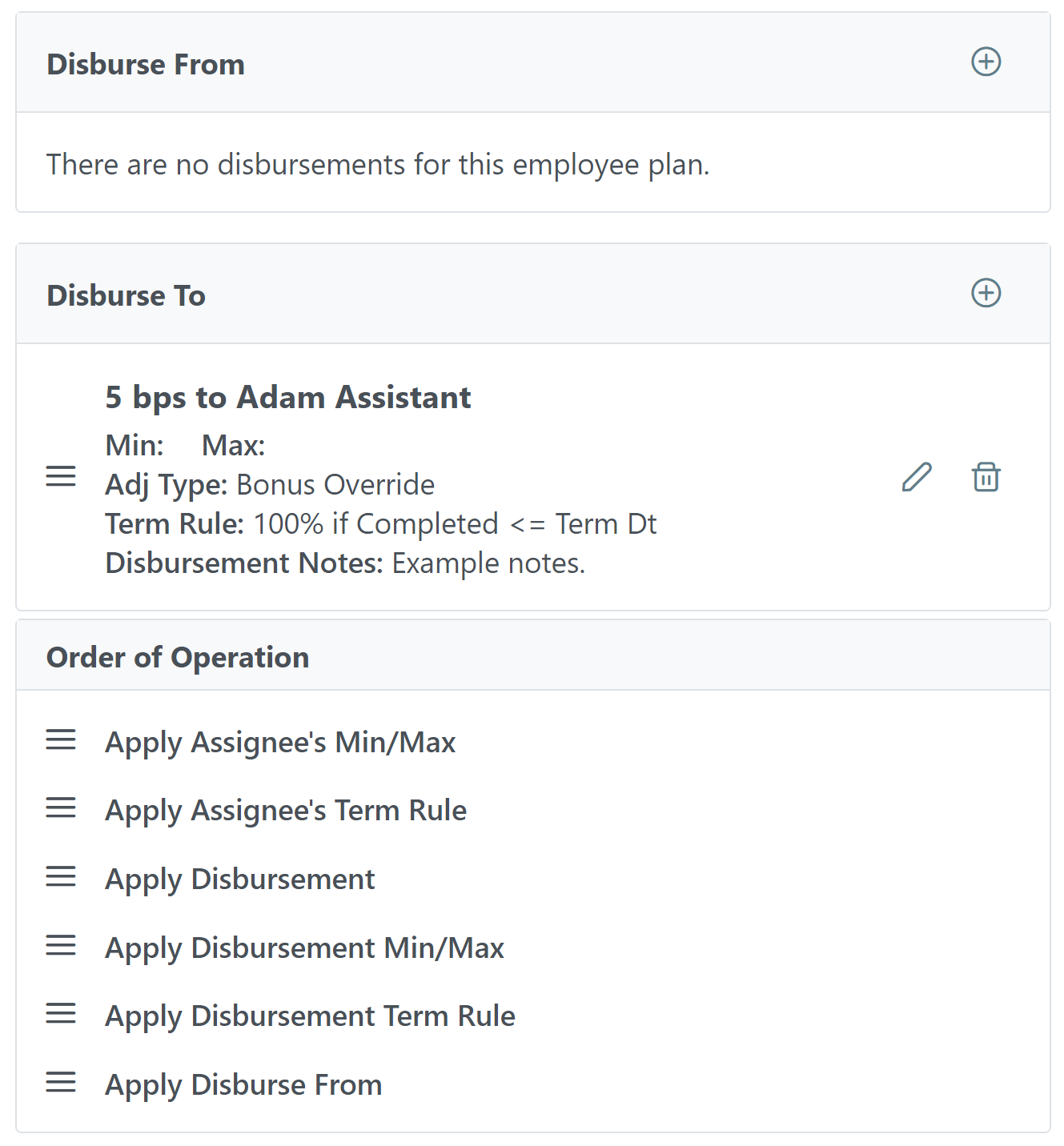 Example disbursement giving 5 BPS to an Adam Assistant