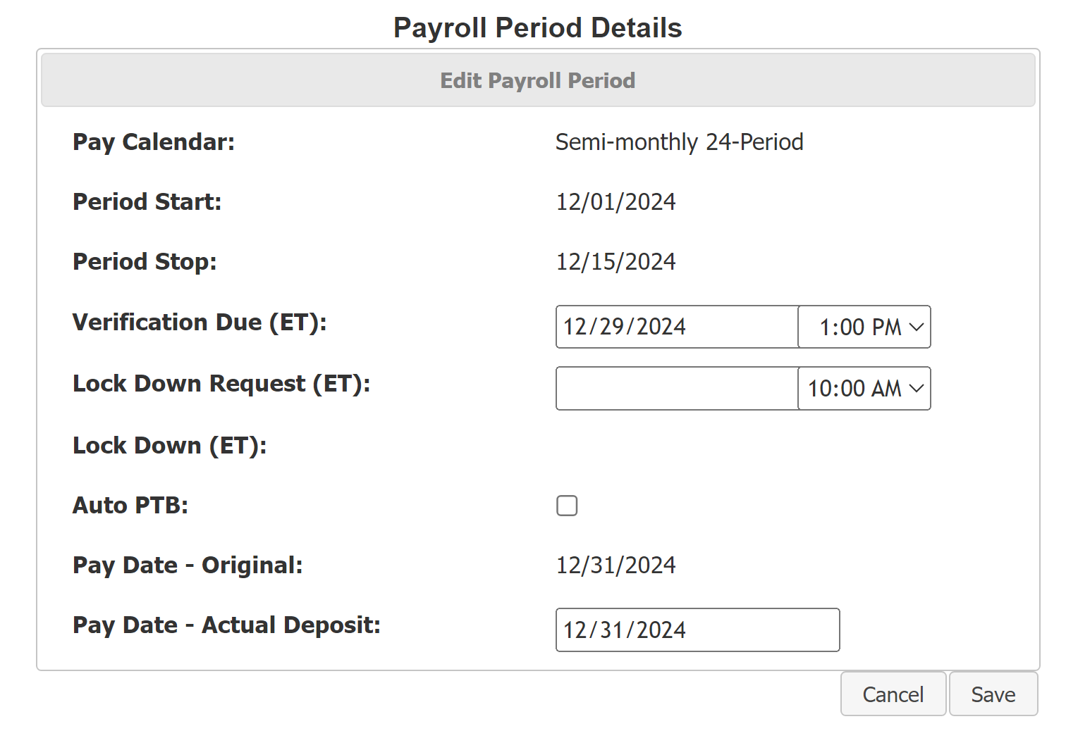 Edit Payroll Period tool.
