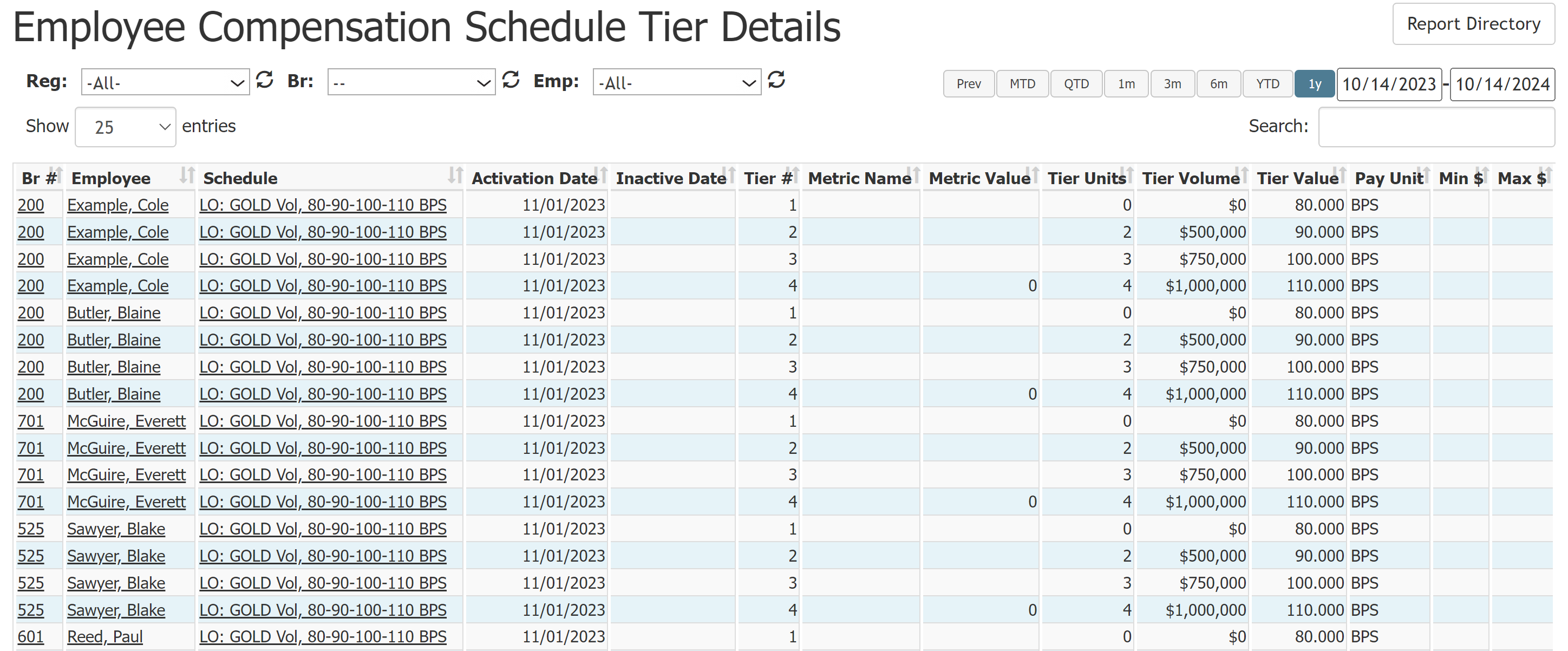 Employee Compensation Schedule Tier Details report with example data