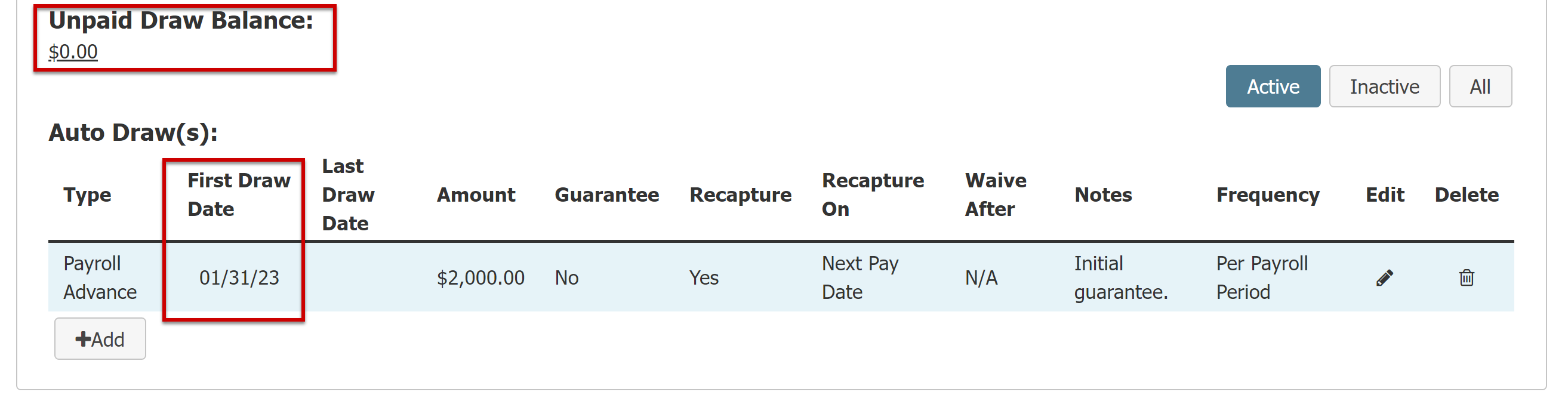 Draws and auto draws section of the Employee Details screen's Comp tab. The following are highlighted: $0.00 unpaid draw balance,  First Draw Date of the auto draw.