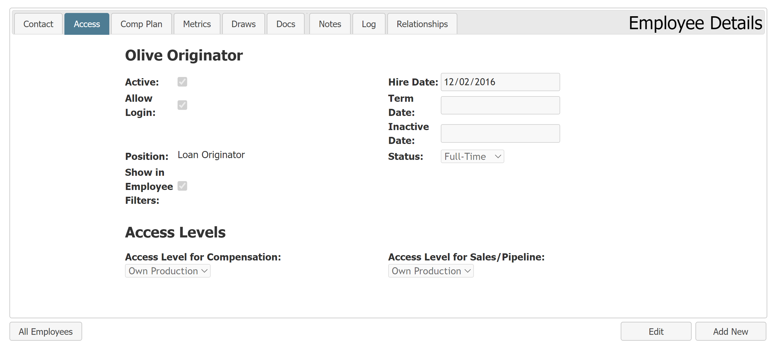 Employee Details - Access tab. Description of contents is below.