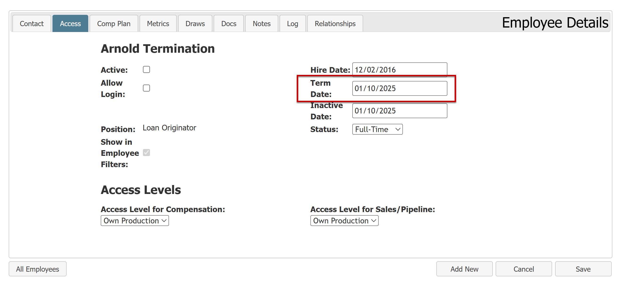 Access tab of the Employee Details screen. The Term Date item is highlighted.