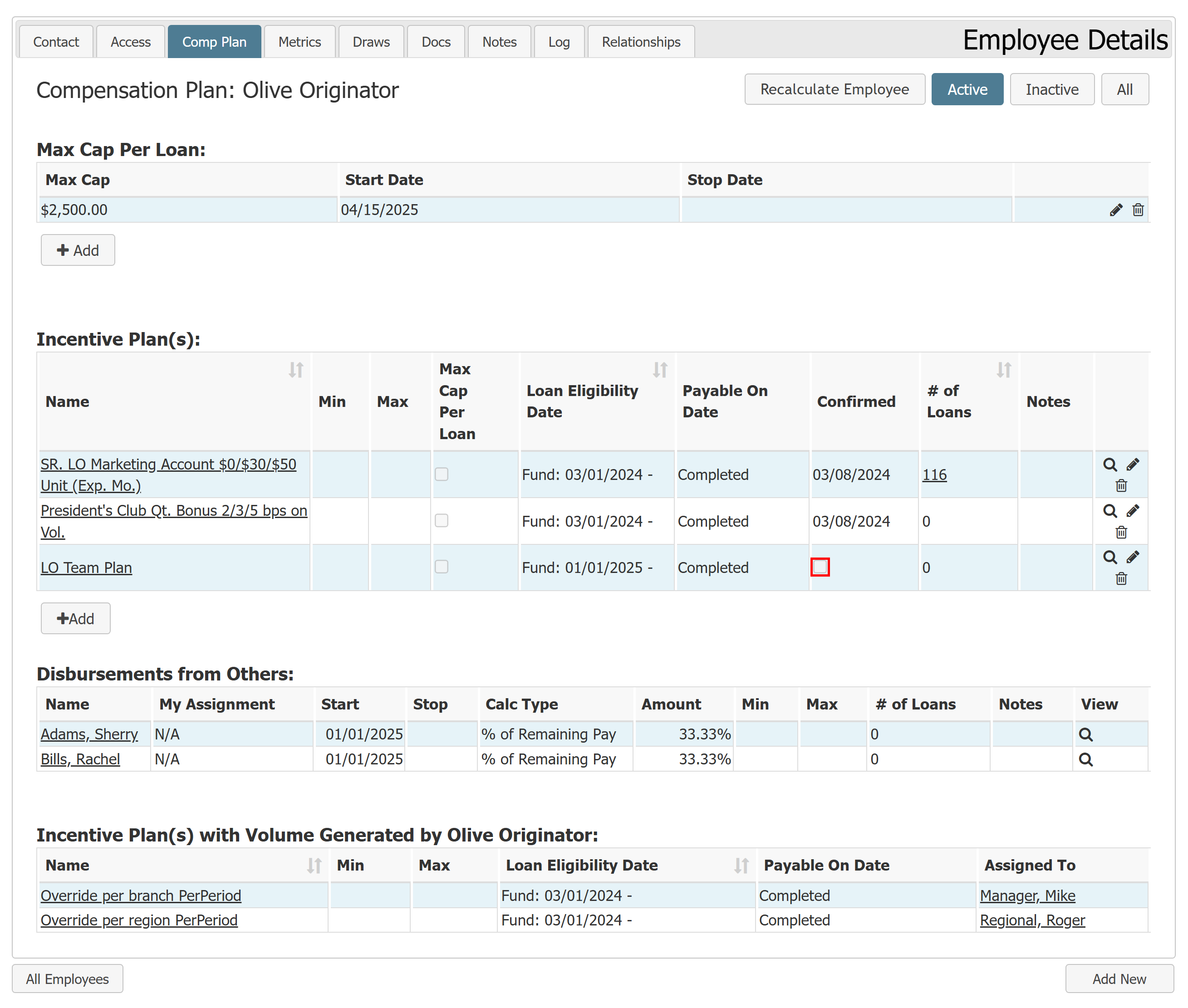 Employee Details - Comp Plan tab. Description of contents is below.